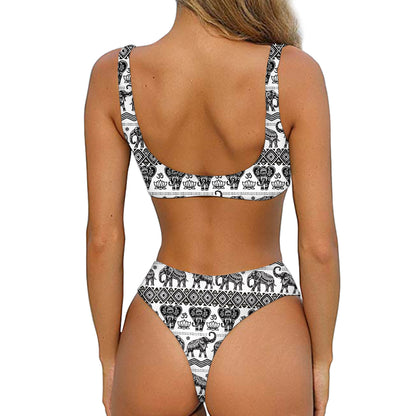 White And Black Indian Elephant Print Front Bow Tie Bikini