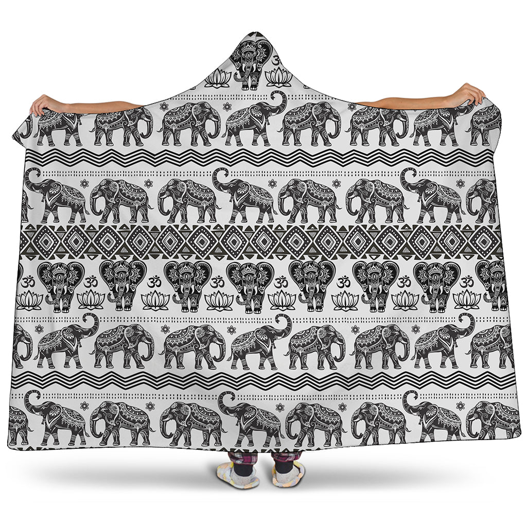 White And Black Indian Elephant Print Hooded Blanket