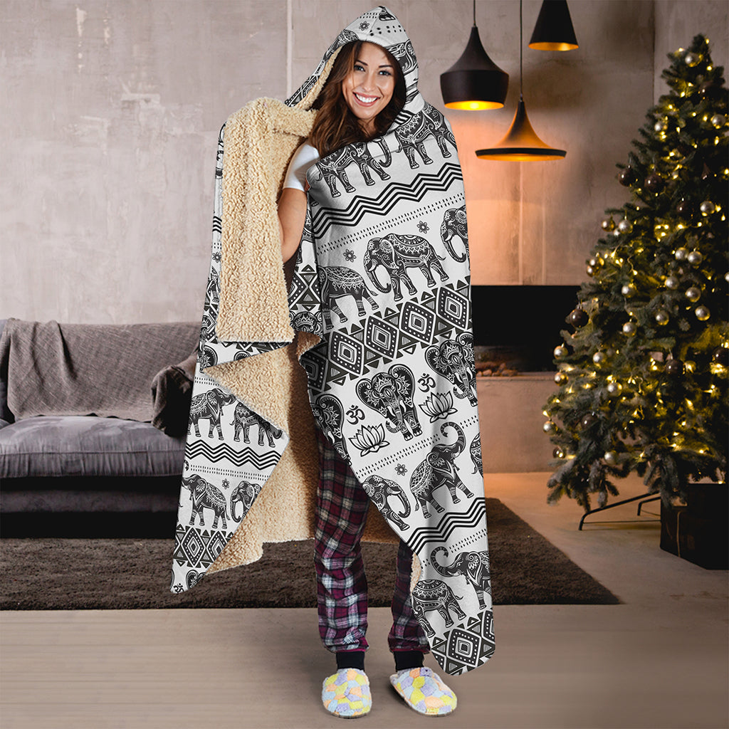 White And Black Indian Elephant Print Hooded Blanket