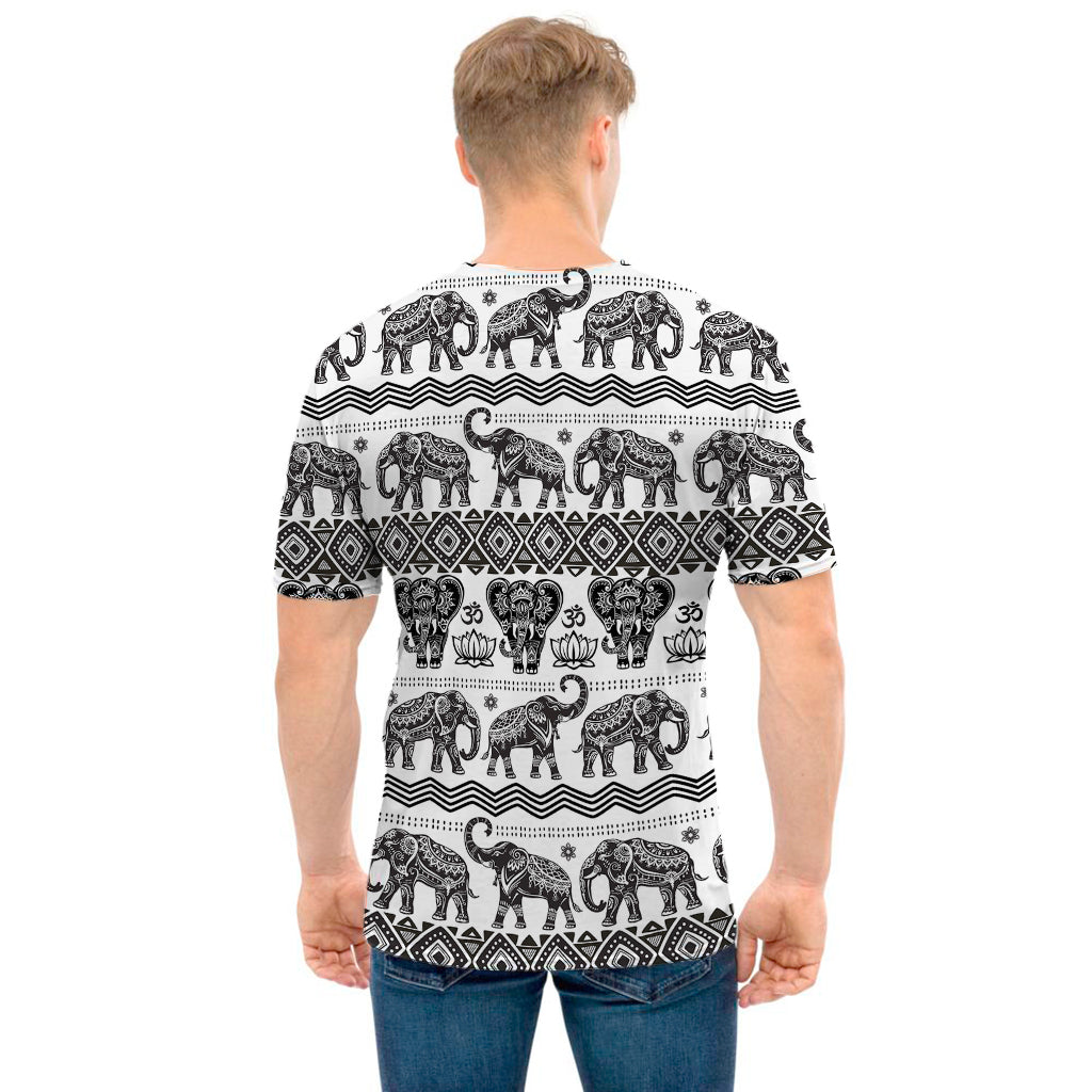 White And Black Indian Elephant Print Men's T-Shirt