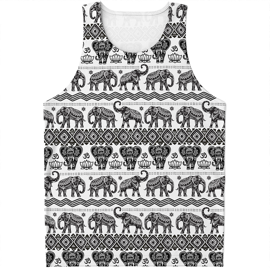 White And Black Indian Elephant Print Men's Tank Top