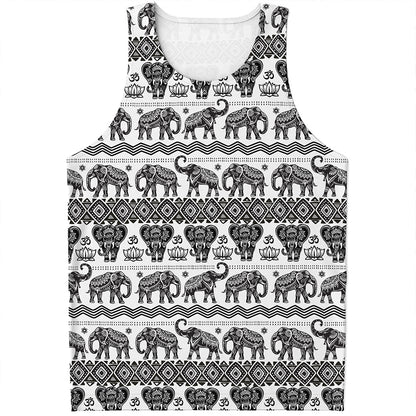 White And Black Indian Elephant Print Men's Tank Top