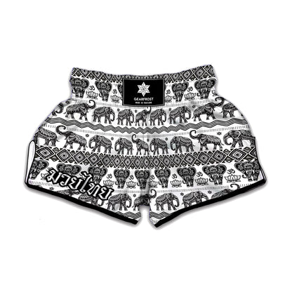 White And Black Indian Elephant Print Muay Thai Boxing Shorts