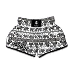 White And Black Indian Elephant Print Muay Thai Boxing Shorts