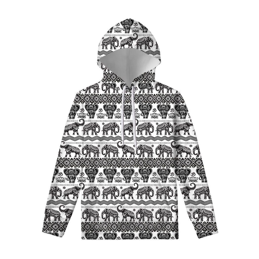 White And Black Indian Elephant Print Pullover Hoodie