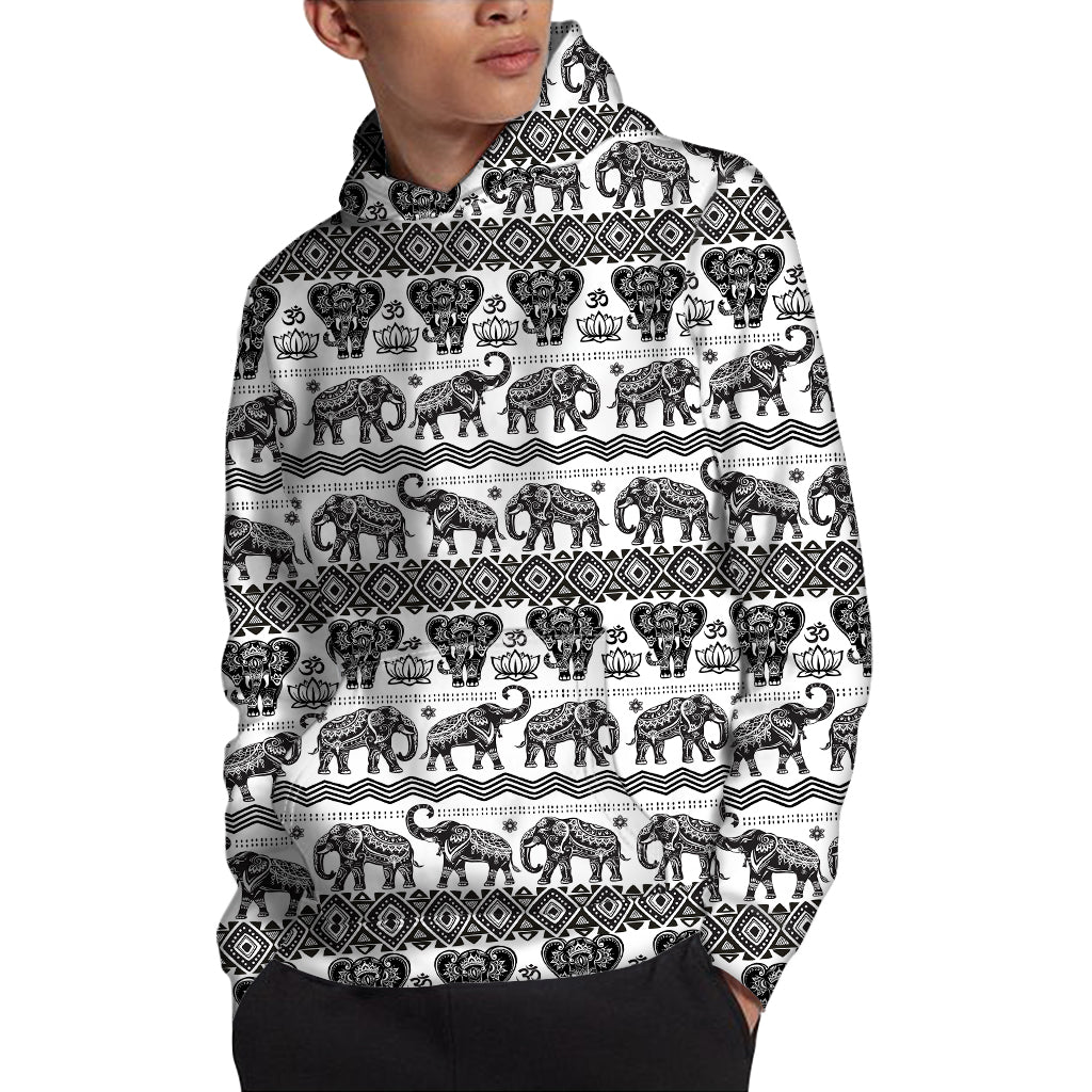 White And Black Indian Elephant Print Pullover Hoodie
