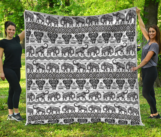White And Black Indian Elephant Print Quilt
