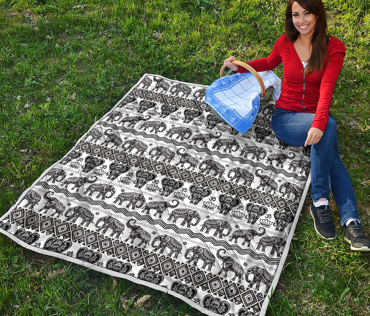 White And Black Indian Elephant Print Quilt