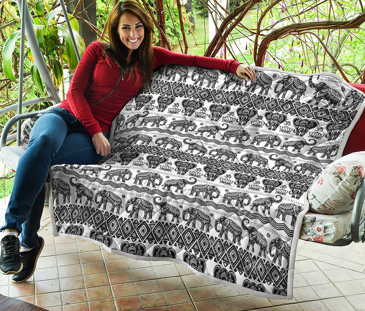 White And Black Indian Elephant Print Quilt