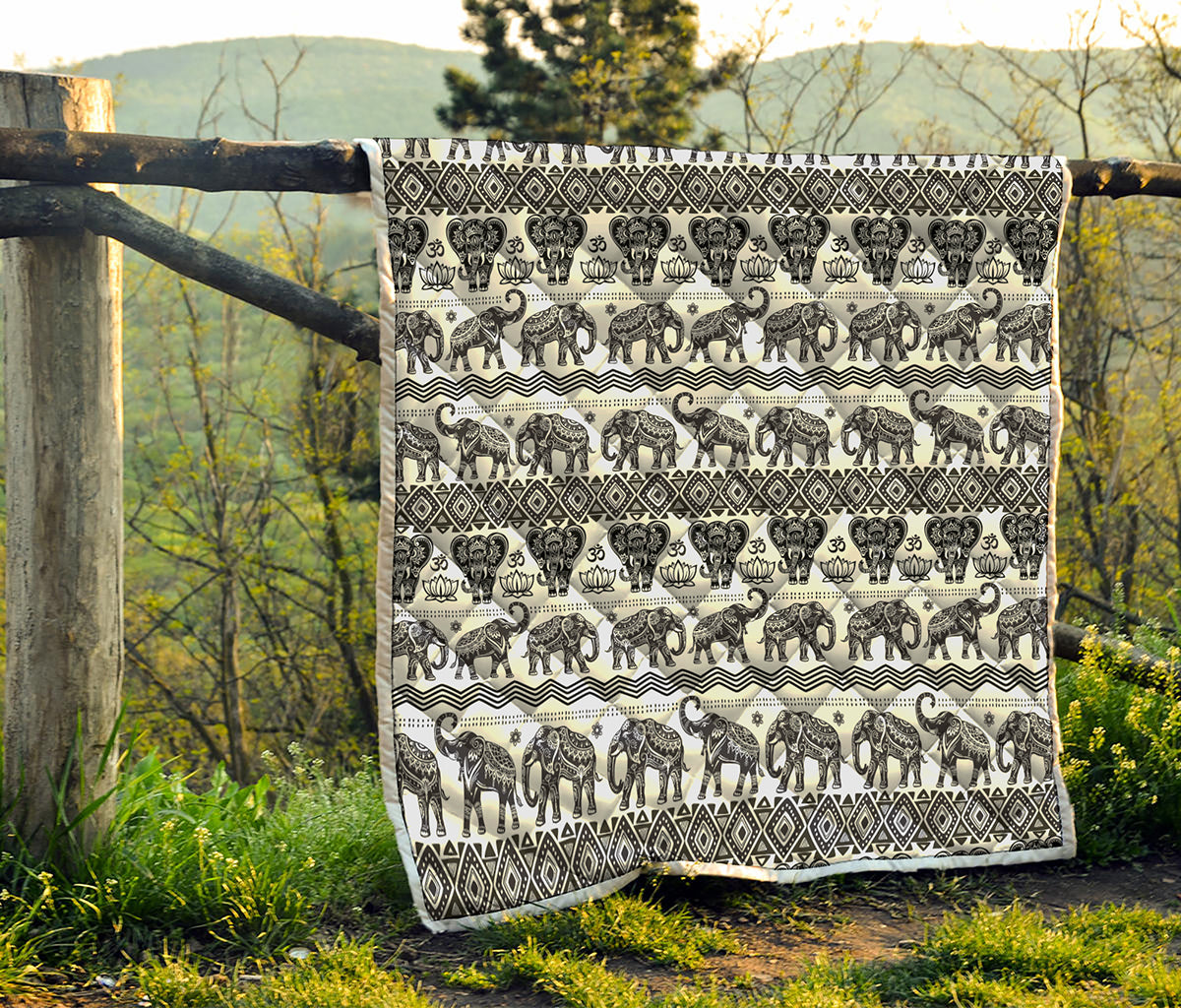 White And Black Indian Elephant Print Quilt