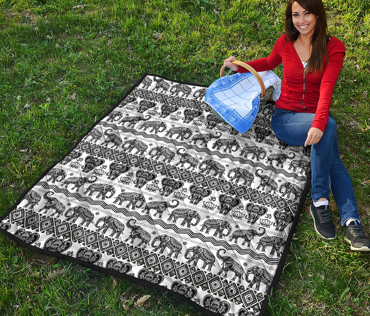 White And Black Indian Elephant Print Quilt