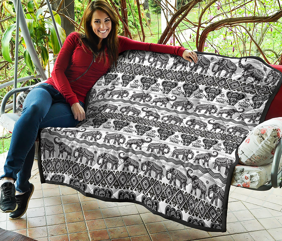 White And Black Indian Elephant Print Quilt