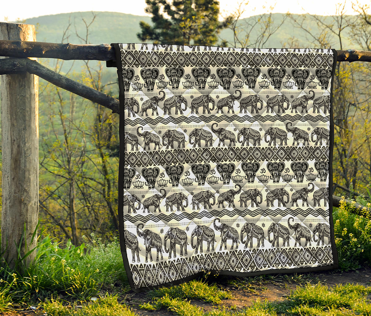 White And Black Indian Elephant Print Quilt