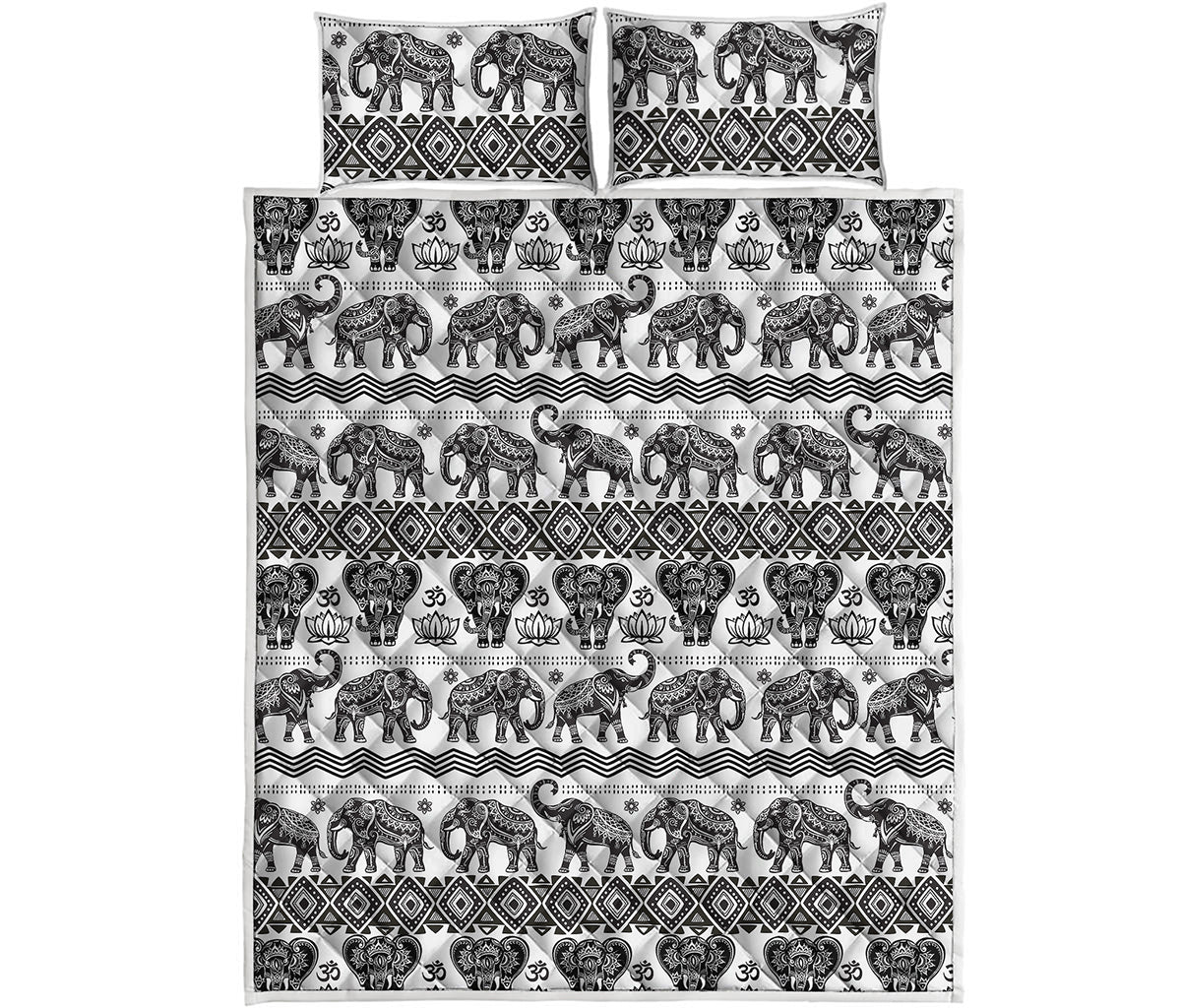White And Black Indian Elephant Print Quilt Bed Set