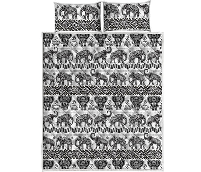 White And Black Indian Elephant Print Quilt Bed Set