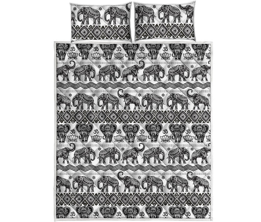 White And Black Indian Elephant Print Quilt Bed Set