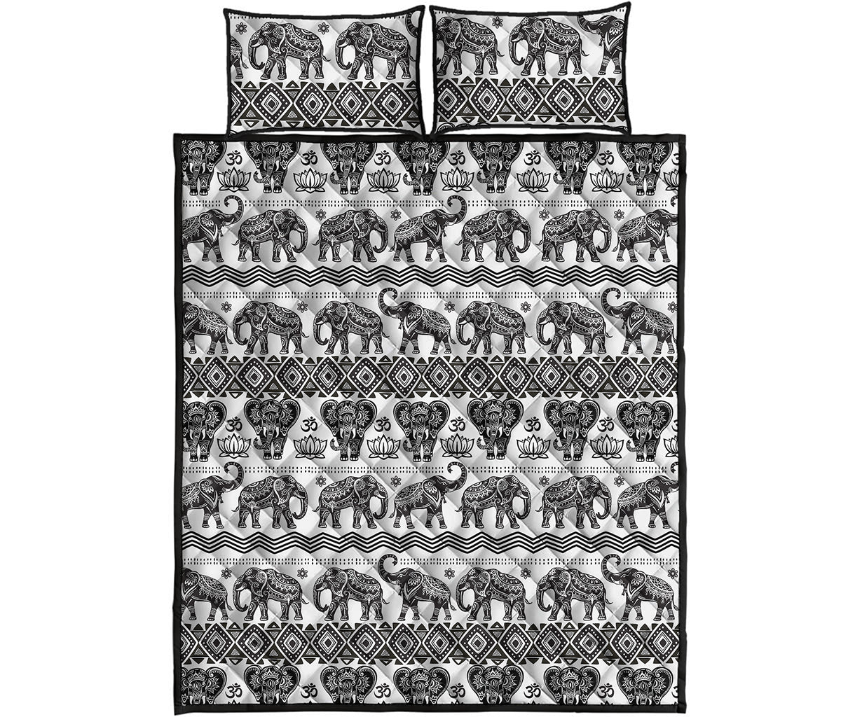 White And Black Indian Elephant Print Quilt Bed Set