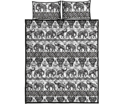 White And Black Indian Elephant Print Quilt Bed Set