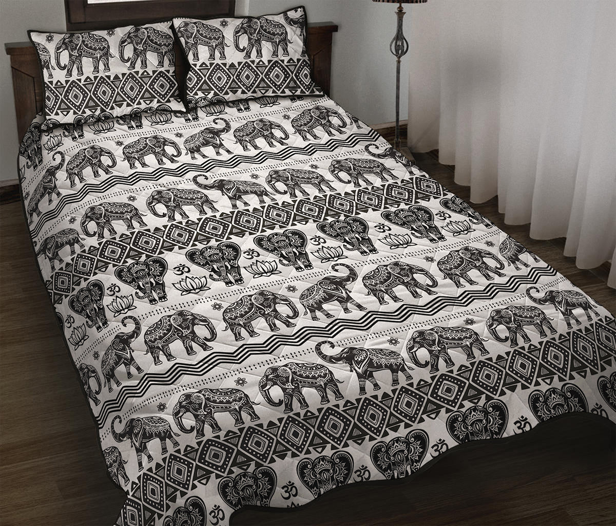 White And Black Indian Elephant Print Quilt Bed Set