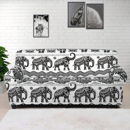 White And Black Indian Elephant Print Sofa Cover