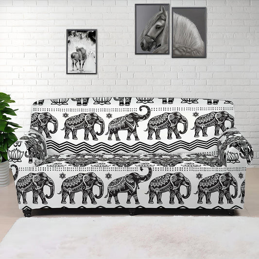 White And Black Indian Elephant Print Sofa Cover