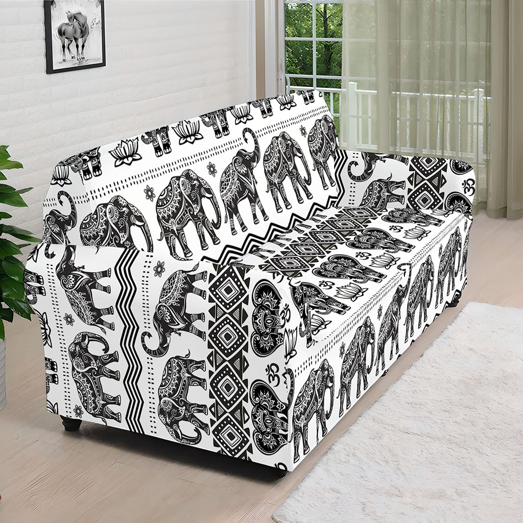 White And Black Indian Elephant Print Sofa Cover