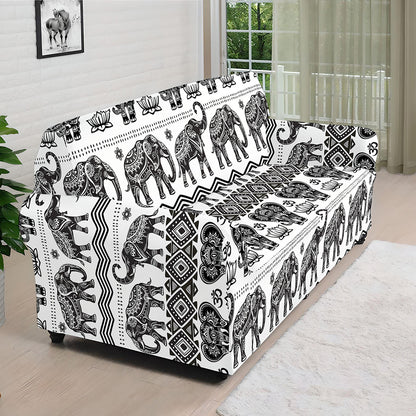 White And Black Indian Elephant Print Sofa Cover