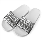 White And Black Indian Elephant Print White Slide Sandals