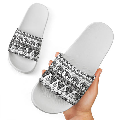 White And Black Indian Elephant Print White Slide Sandals