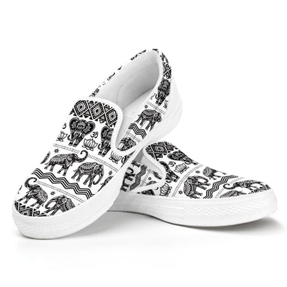 White And Black Indian Elephant Print White Slip On Shoes