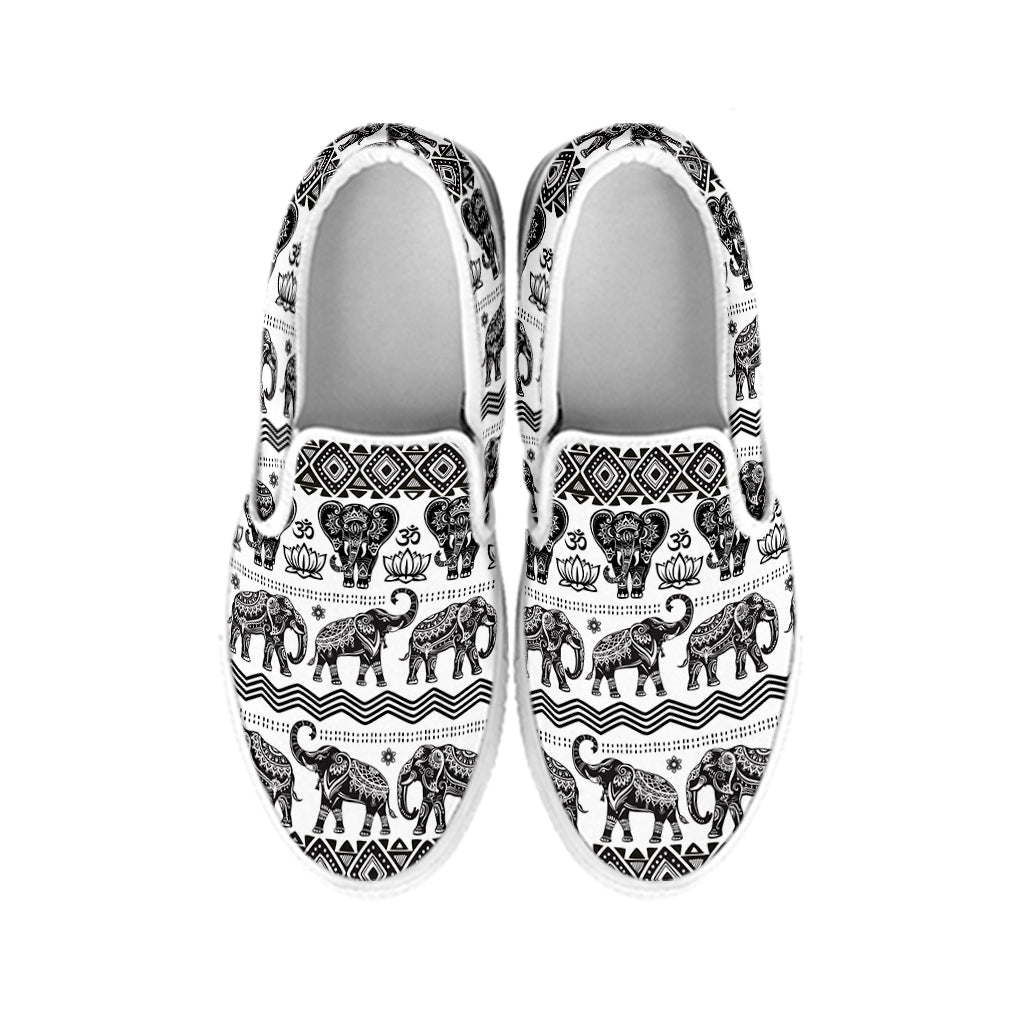 White And Black Indian Elephant Print White Slip On Shoes