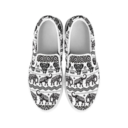 White And Black Indian Elephant Print White Slip On Shoes