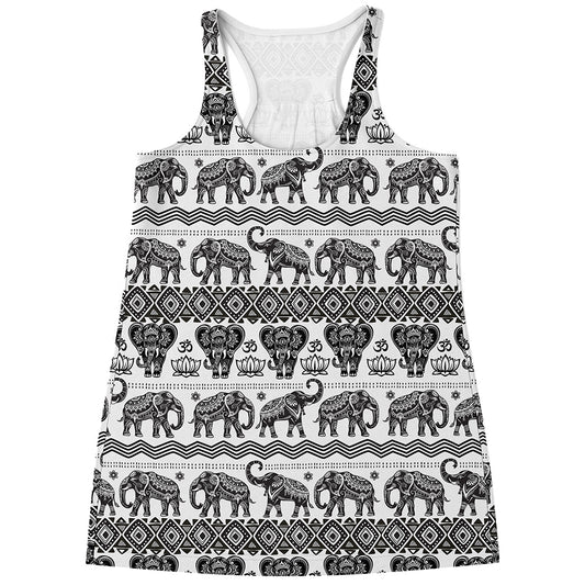 White And Black Indian Elephant Print Women's Racerback Tank Top