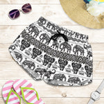 White And Black Indian Elephant Print Women's Shorts