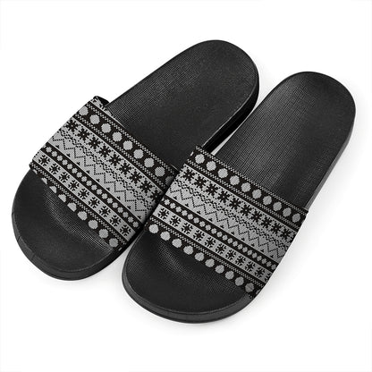 White And Black Knitted Pattern Print Black Slide Sandals