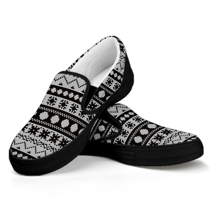 White And Black Knitted Pattern Print Black Slip On Shoes