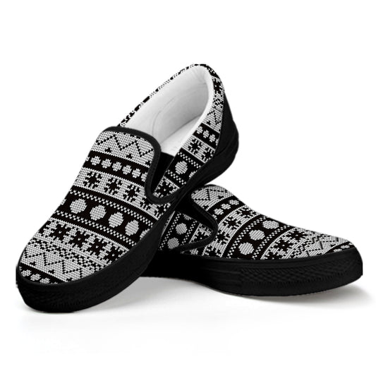 White And Black Knitted Pattern Print Black Slip On Shoes