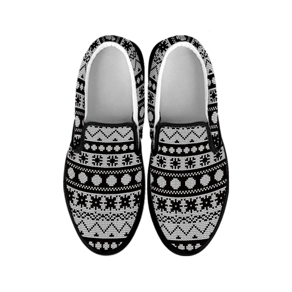 White And Black Knitted Pattern Print Black Slip On Shoes