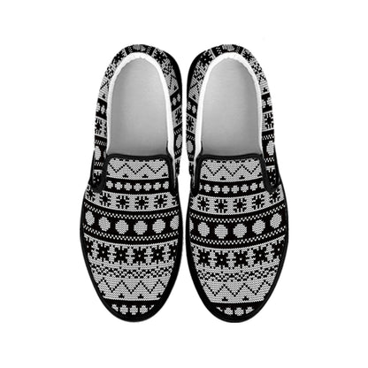 White And Black Knitted Pattern Print Black Slip On Shoes