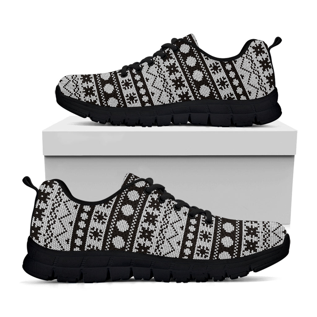 White And Black Knitted Pattern Print Black Sneakers