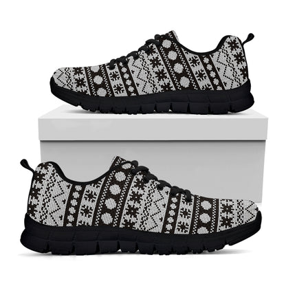 White And Black Knitted Pattern Print Black Sneakers
