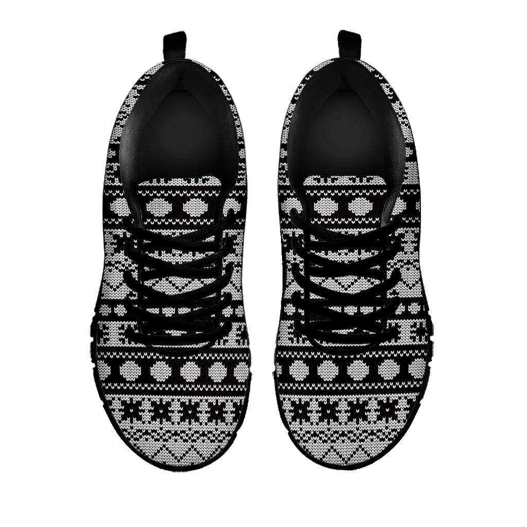 White And Black Knitted Pattern Print Black Sneakers