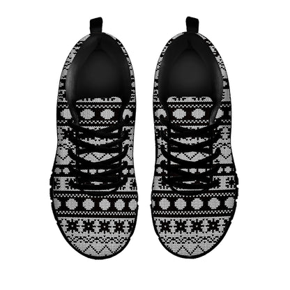 White And Black Knitted Pattern Print Black Sneakers