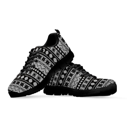 White And Black Knitted Pattern Print Black Sneakers