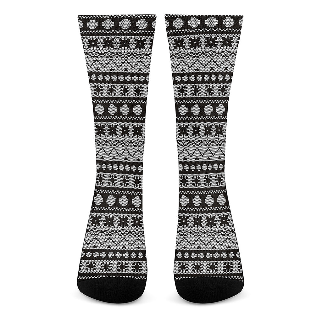 White And Black Knitted Pattern Print Crew Socks