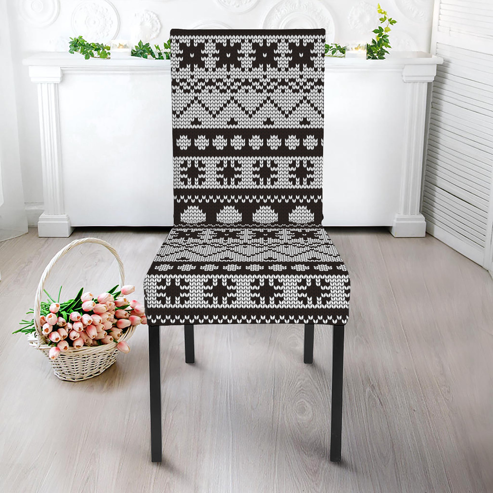 White And Black Knitted Pattern Print Dining Chair Slipcover