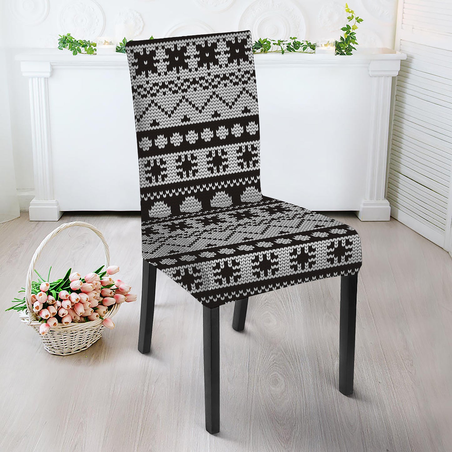 White And Black Knitted Pattern Print Dining Chair Slipcover