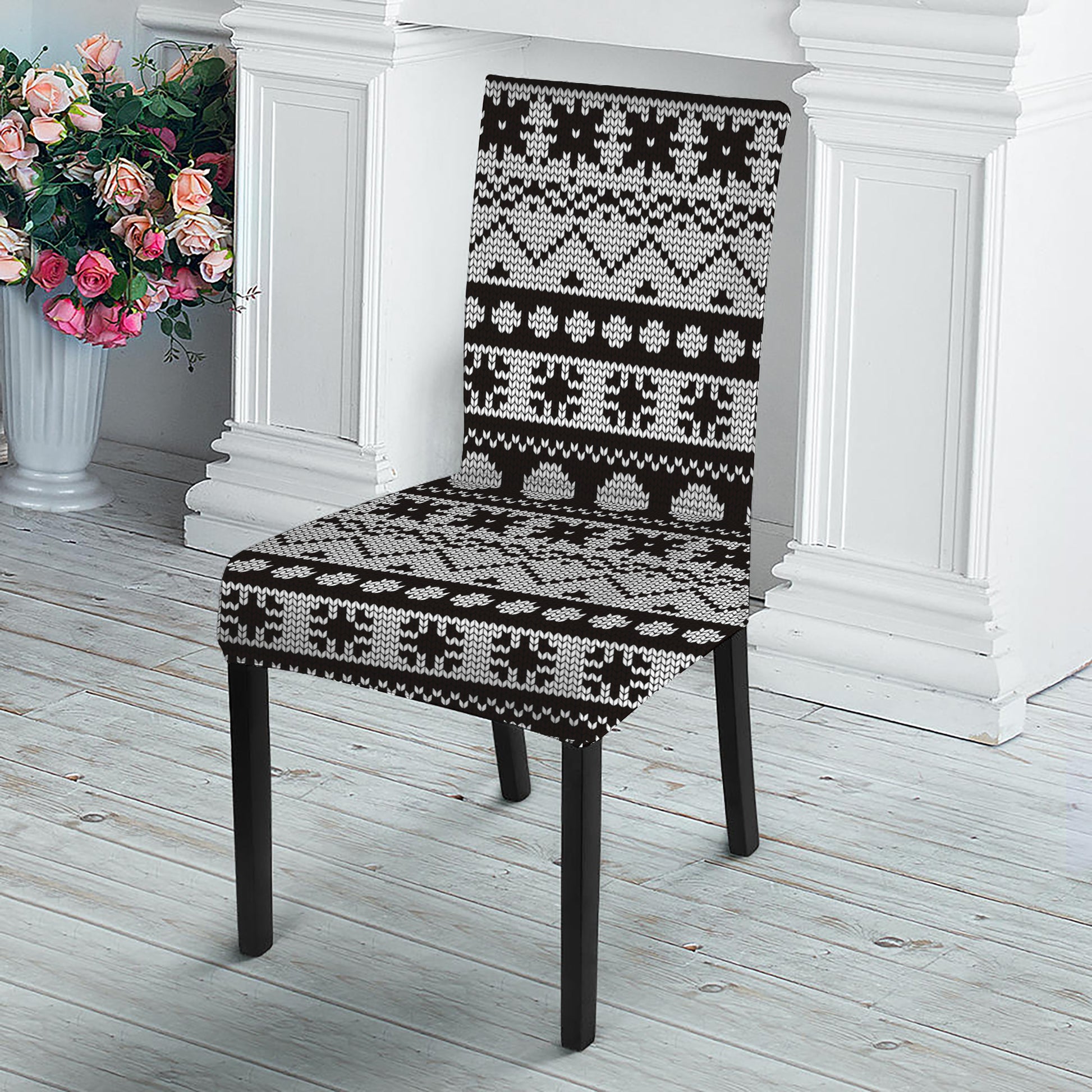 White And Black Knitted Pattern Print Dining Chair Slipcover
