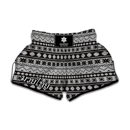 White And Black Knitted Pattern Print Muay Thai Boxing Shorts