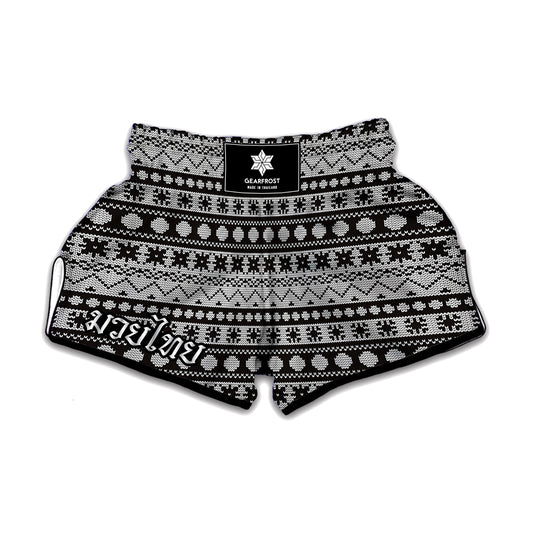 White And Black Knitted Pattern Print Muay Thai Boxing Shorts